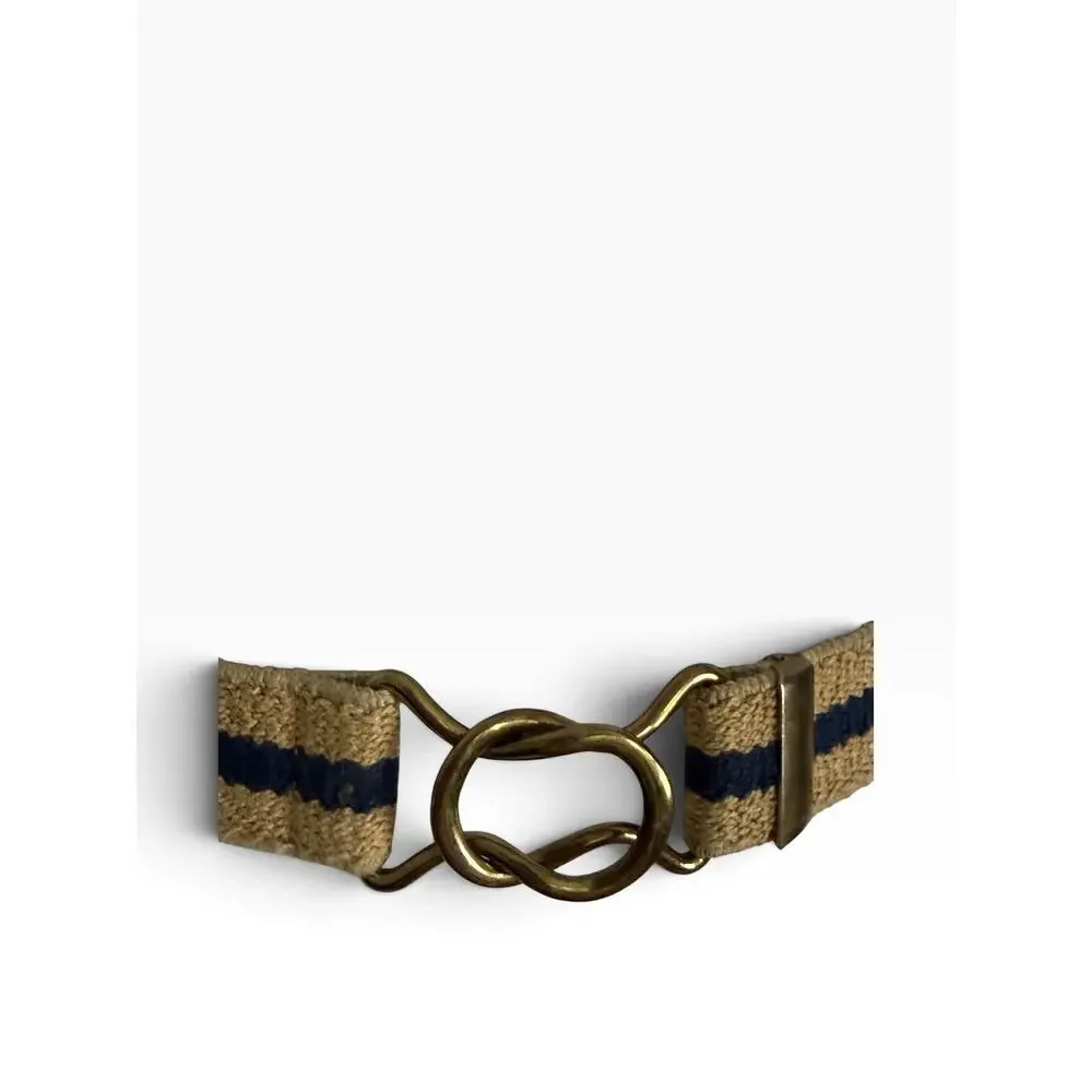 Vintage 80s Preppy Khaki Navy Stripe Stretch Belt Brass Buckle S/M